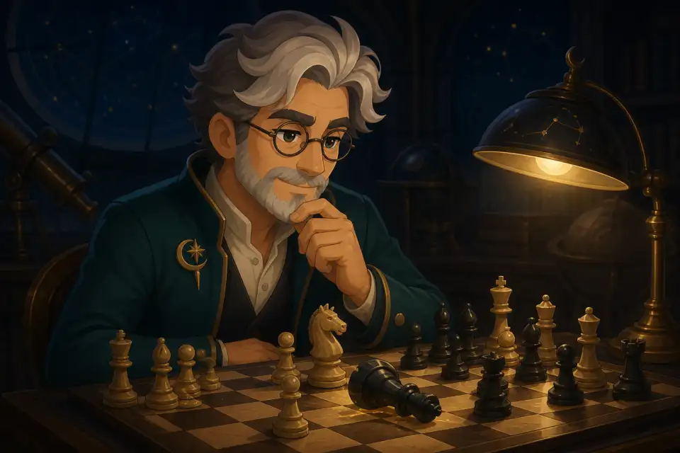Professor Orin studying a chess position